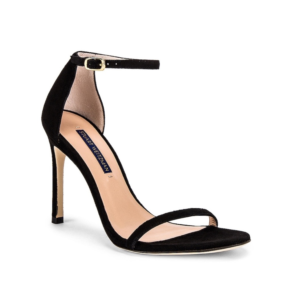 Stuart Weitzman nudistsong black suede ankle strap sandal heels 6.5 W